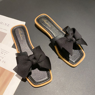 Internet Celebrity New Square Toe Fairy Style Bow Slippers for Women Summer Outer Wear Wedge Heels Fashion Versatile Flats Non-Slip Sandals