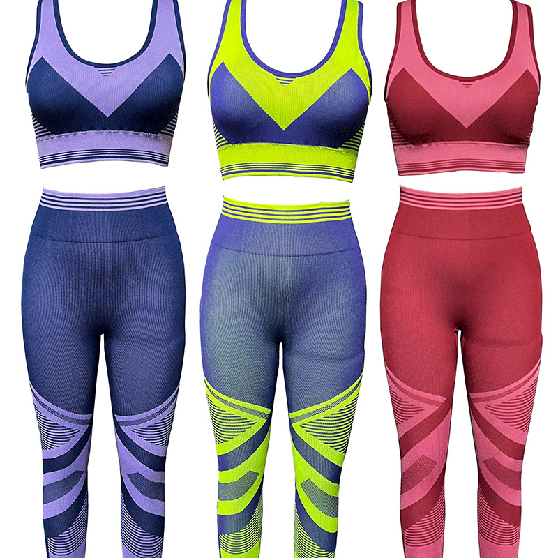 夏季新款撞色无缝瑜伽服裸感运动文胸跑步提臀瑜伽裤显瘦健身套装