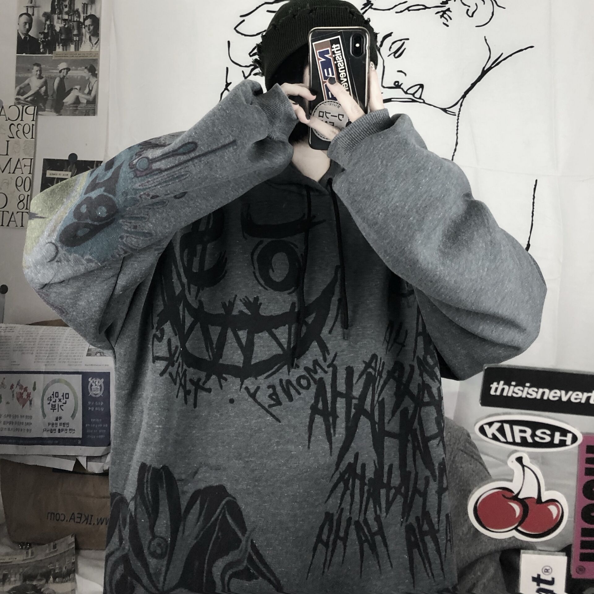 Suéter de graffiti transfronterizo europeo y americano engrosado con forro polar Otoño e Invierno Nueva pareja impresa suéter con capucha suelta image 2