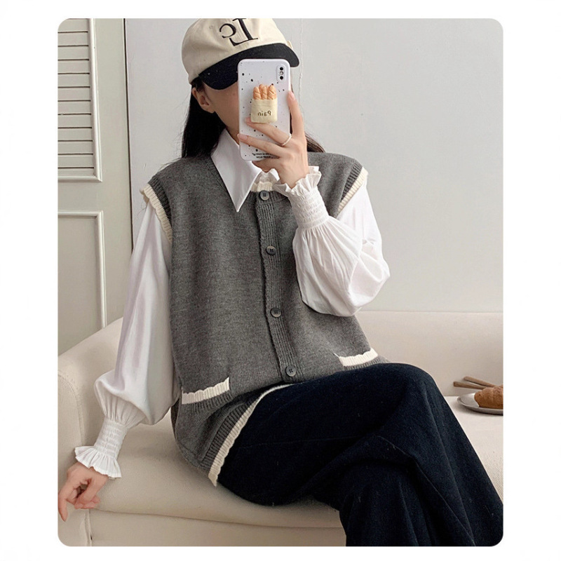 College Style Simple Casual Knitted Cardigan Vest for Women 2024 Autumn and Winter New Loose Slimming Look Sleeveless Sweater Vest
