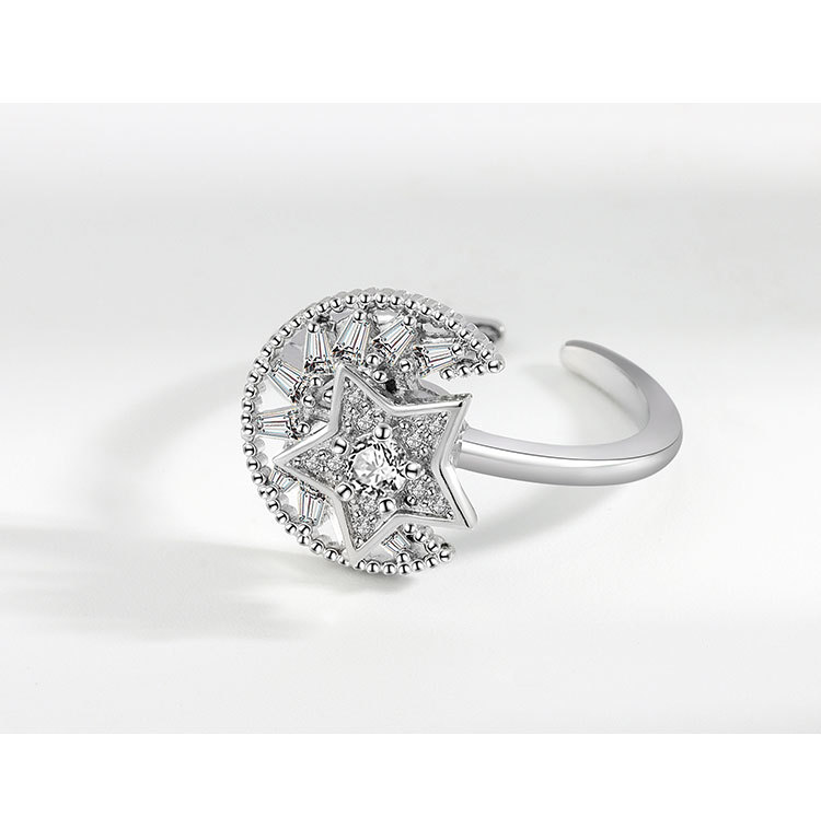 Women'S Gender Plating Design Fashion Golden Star Moon Zircon Rotating Copper Open Ring