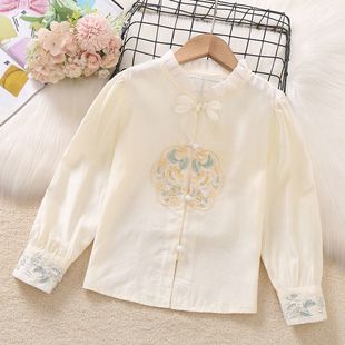 Girls' Shirts Spring & Fall 2025 New Style Kidsren's New Chinoiserie Long-Sleeved Shirts Spring National Style Embroidered Tops