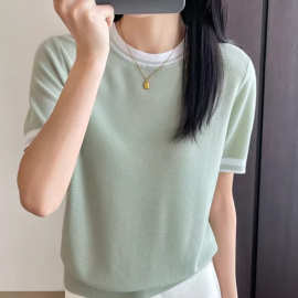 楽咔莎夏季新款桑蚕丝莱赛尔圆领天丝针织短袖T恤女百搭减龄冰丝