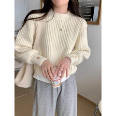 宽松软糯针织衫女秋冬季袖口纽扣内搭打底短款加厚毛衣温柔风上衣