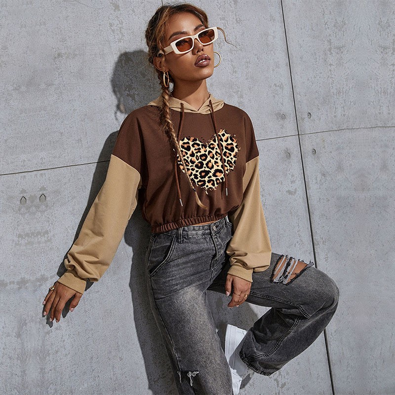 Felpa con cappuccio corta stampata autunno 2024, casual, corta, patchwork, per donna_voghion.com