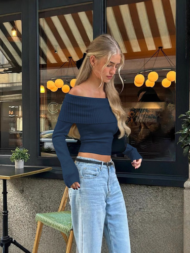 European and American women's autumn new fashion spicy girl street style sexy off-shoulder elegant slim-fit top