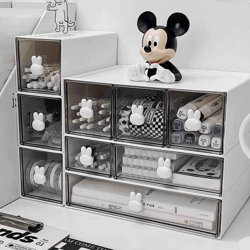 Desk Drawer Organizer, White Plastic Desktop Storage Box with Rabbit Handle, Multi-Size
