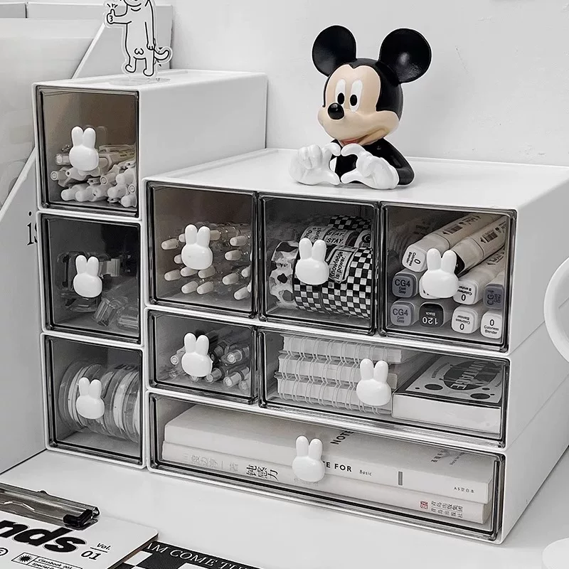 Desk Drawer Organizer, White Plastic Desktop Storage Box with Rabbit Handle, Multi-Size