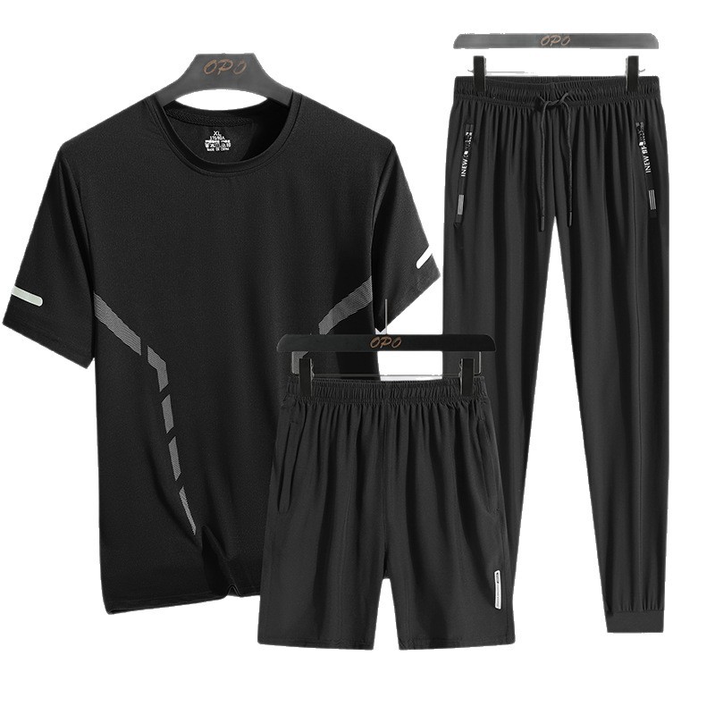 Verano hielo al aire libre hombre deportivo relajado tres piezas transpiración rápida secado cuello redondo camiseta pantalones set hombre
