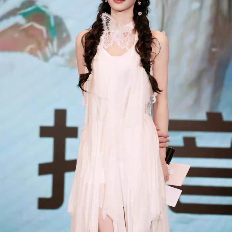 Tian Xivi's Same Style White Irregular Tassel Chiffon Shirt Fairy Dress Summer Bow Backless Halter Neck Dress