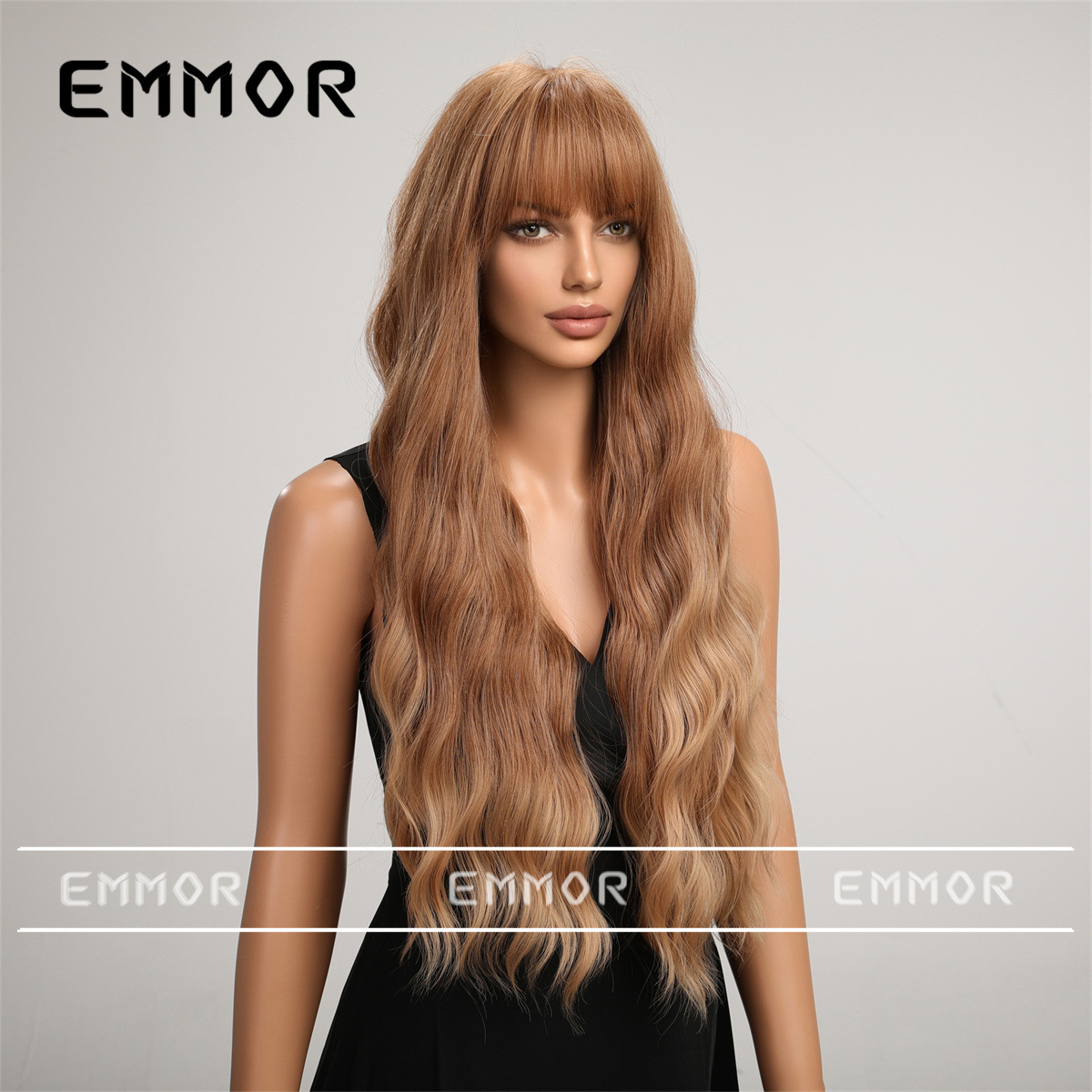 Peluca transfronteriza femenina pelo largo flequillo recto té de leche marrón ondulación del agua pelo largo y rizado temperamento simulación natural cubierta de la cabeza completa