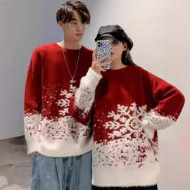 男女同款雪花毛衣新年红色针织衫圆领加厚百搭休闲简约情侣装上衣