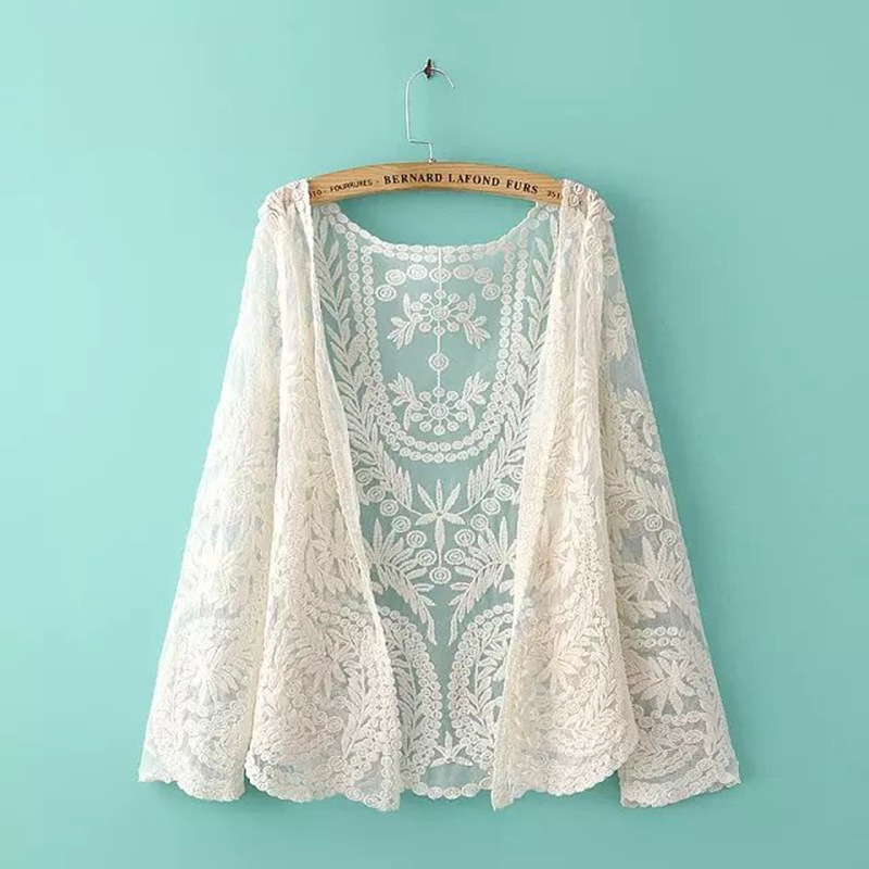 Lace Cardigan Outer Wear Sun Protection Clothing Women's Summer Thin Shawl Top Crochet Hollow Blouse Long Sleeve Air-conditioning Shirt Cotton