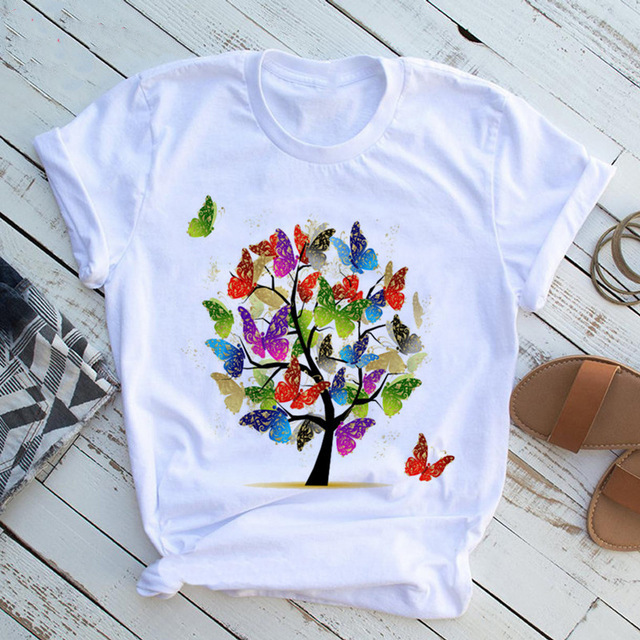 2024 Butterfly Tree T-Shirt butterfly tree printed women's casual short sleeved T-shirt_voghion.com