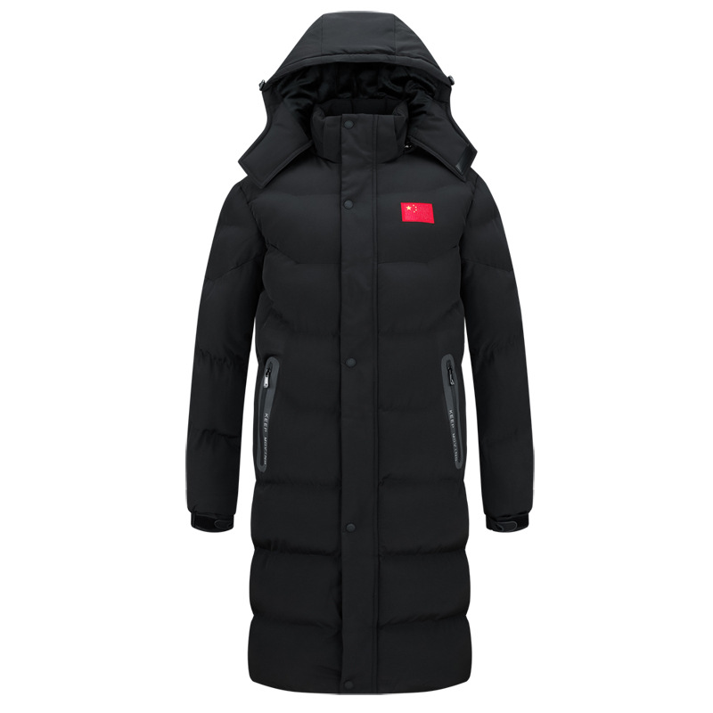 Men's long, knee-length sports coat for national team athletes, winter training team uniform, fleece-lined cotton jacket for winter training