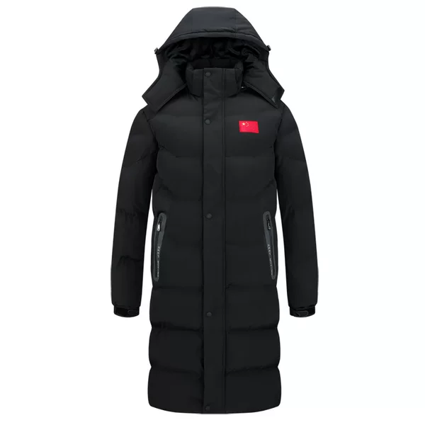 Men's long, knee-length sports coat for national team athletes, winter training team uniform, fleece-lined cotton jacket for winter training
