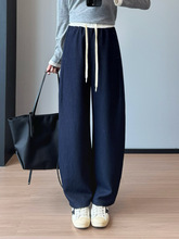 深靛蓝镰刀裤 ！面料显瘦撞色高腰阔腿直筒牛仔裤女早秋新G091213