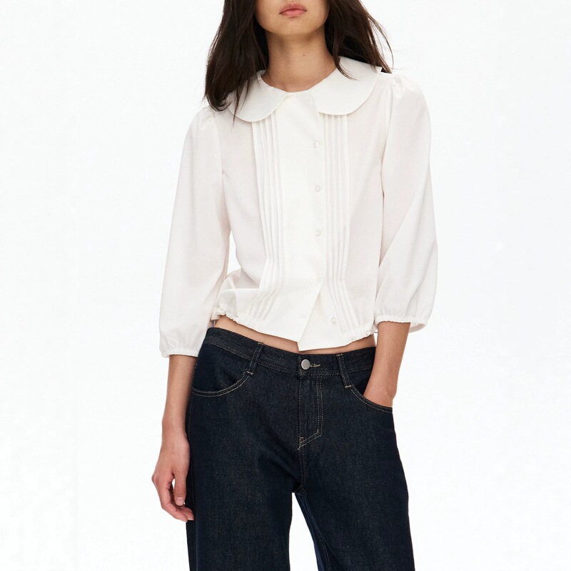 BESOBE French-style pleated white doll-collar shirt, women's three-quarter sleeve, puff-sleeve, short-length blouse BESOBE French-style pleated white doll-collar shirt, women's three-quarter sleeve, puff-sleeve, short-length blouse