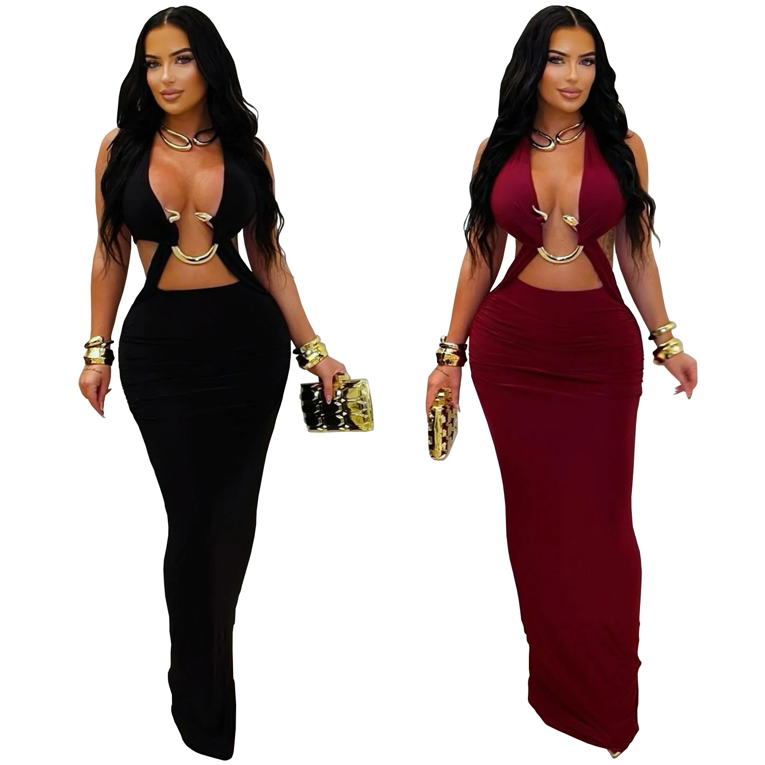 C7572 Aliexpress transfronterizo amazon ropa de moda europea y americana sexy delgada de color sólido correa de brazo vestido image 6