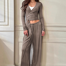 卡其色长袖长裤针织牛奶丝舒适亲肤睡衣套装2025欧美秋季家居服女