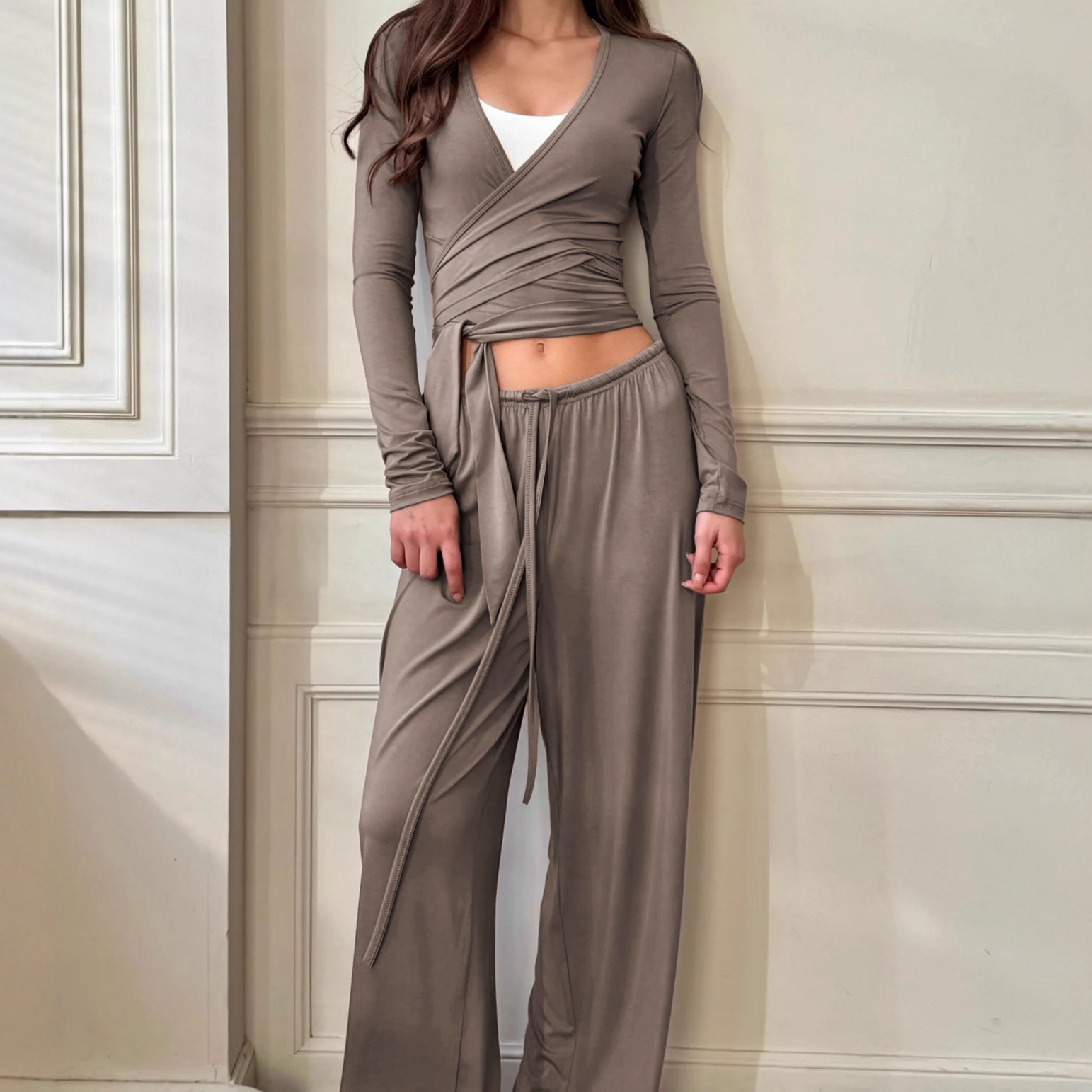 Khaki Long-Sleeved Long Pants Knitted Milk Silk Comfortable Skin-Friendly Pajama Set 2026 European and American Autumn Loungewear for Women