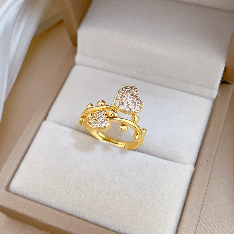 Full Diamond Heart Zirconia Adjustable Ring In Real Gold Style_voghion.com
