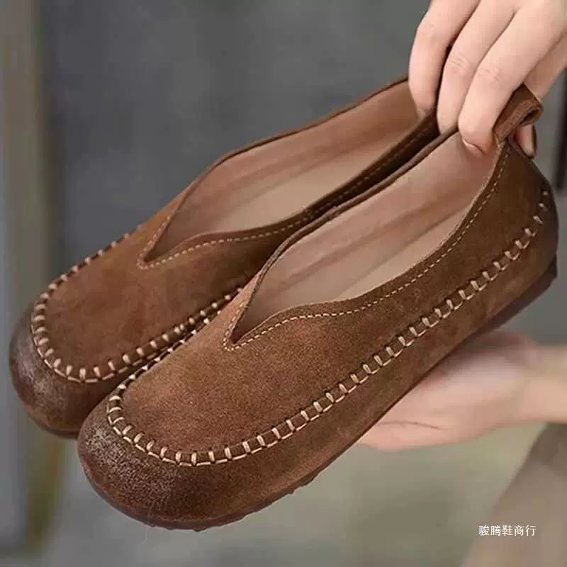 Retro Literary and Arts Series Real Soft Leather Casual Women's Shoes Beef Tendon Soft Soft Soft Skin Light Mouth Grandma's Shoes Flat Sole Shoes