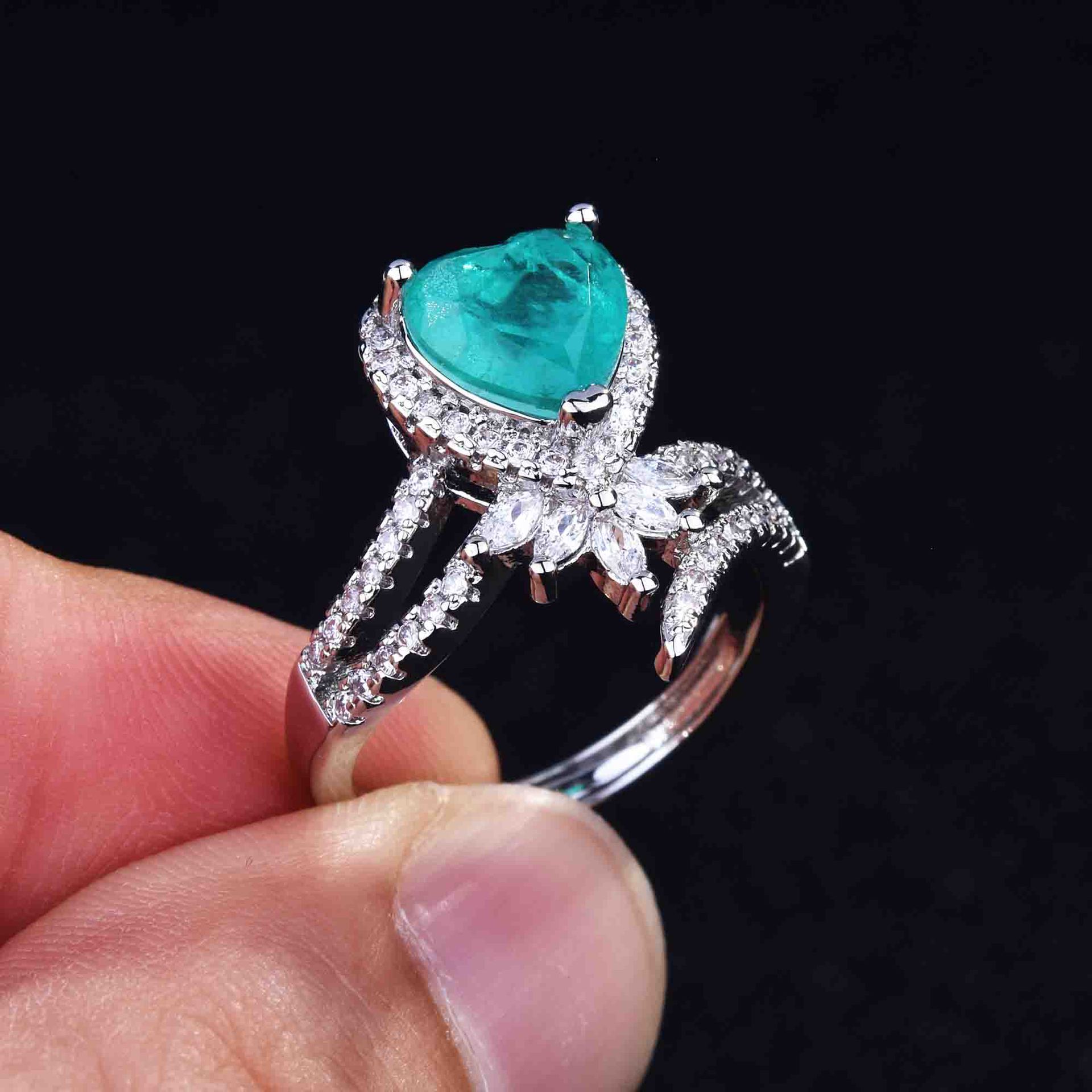 New Live Broadcast Popular Imitation Natural Palaiba Ring Micro-inlaid Full Diamond High Carbon Diamond Pear-shaped Open Ring For Women display picture 27