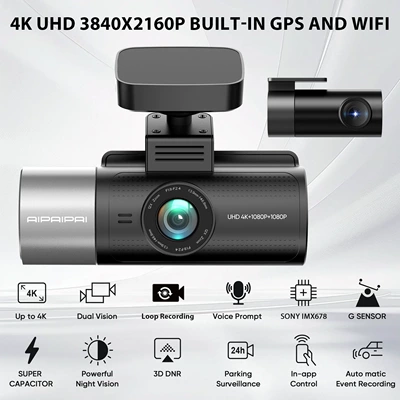 4K+1080P+1080P 3-Lens Dash Cam with Front, Rear, and Interior Cameras, Built-In Gps, High-Definition Night Vision (Driving recorder)