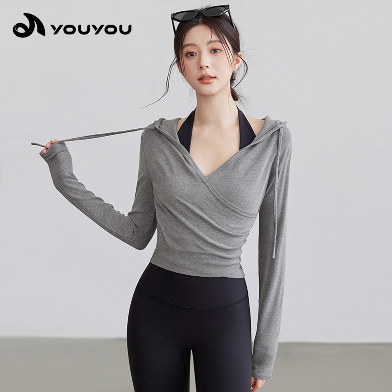 V Neck Hooded Yoga Clothes for Women Running Pilates Sports Long-Sleeved Training Fitness Early Autumn Tops T-Shirt Wholesale