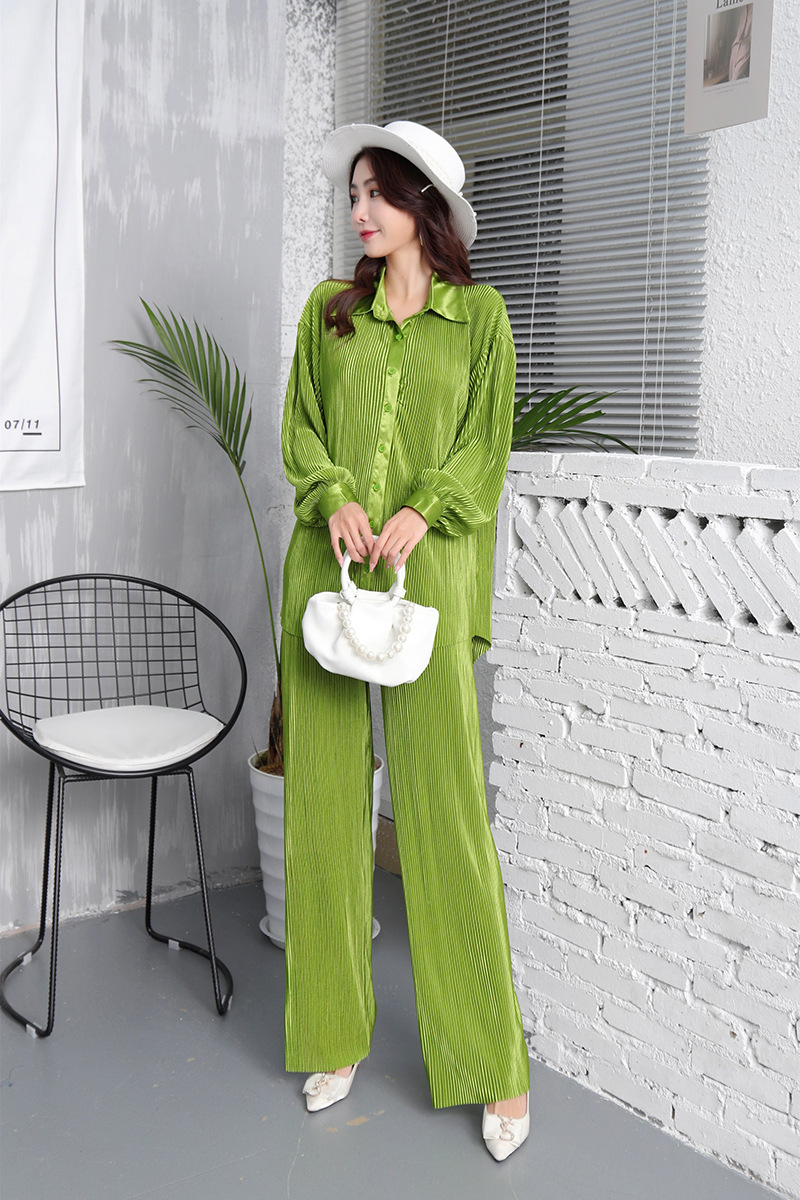 Cross border Specifically for fashion suit Easy Long sleeve fold Net color shirt Two piece set leisure time Paige Drape Straight