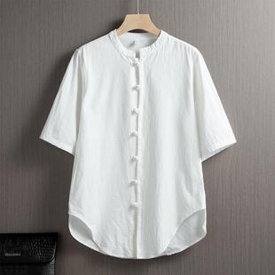 2024 Summer Chinese Style Tang Style Retro Youth Cotton and Linen Shirt Men's Collar Buckle Linen Short Sleeve Shirt for Men