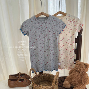 Xifan 2024 Summer New Arrival Children's Floral-Print Color-Contrast Fungus Dresses Girls' Korean-Style Short-Sleeved Skirt