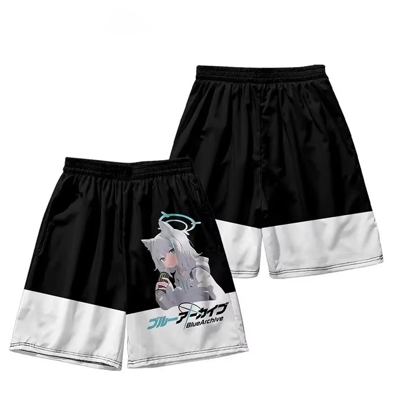Cross-Border Japanese Anime Sand Wolf Shirako Printed Shorts, Black and White Color-Blocking Loose Sports Shorts, Unisex