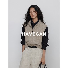 与间HAVEGAN/秋季翻领无袖针织毛衣背心女老钱风软糯马甲外穿上衣