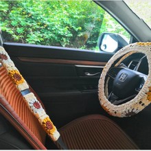 亚马逊跨境汽车内饰手工钩织小花装饰汽车方向盘套防滑套安全带套