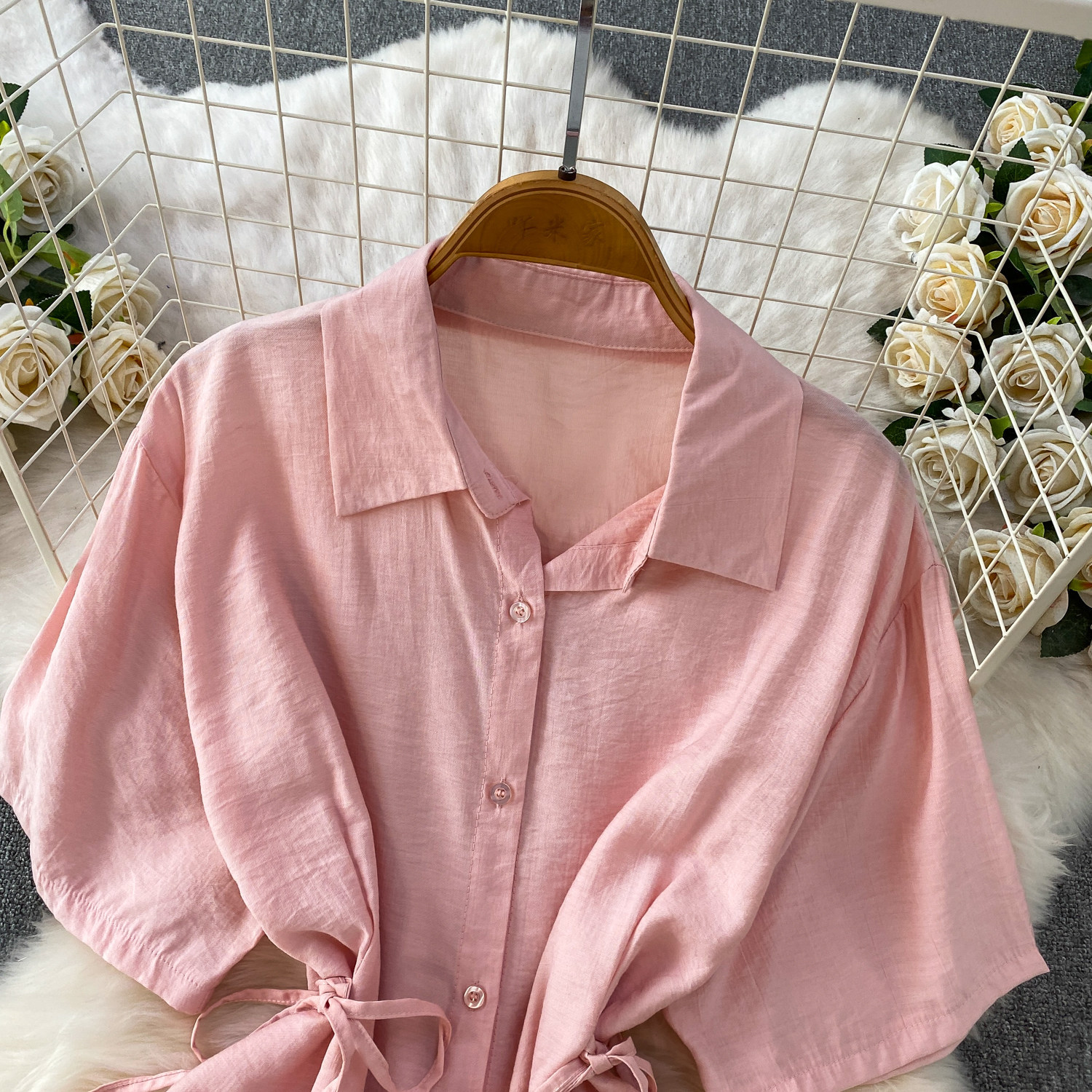 High-Waisted Slimming Collared Shirt with Side Ties And Wide Leg Trousers Women's Outfit Casual Style Set_ecoleips.com