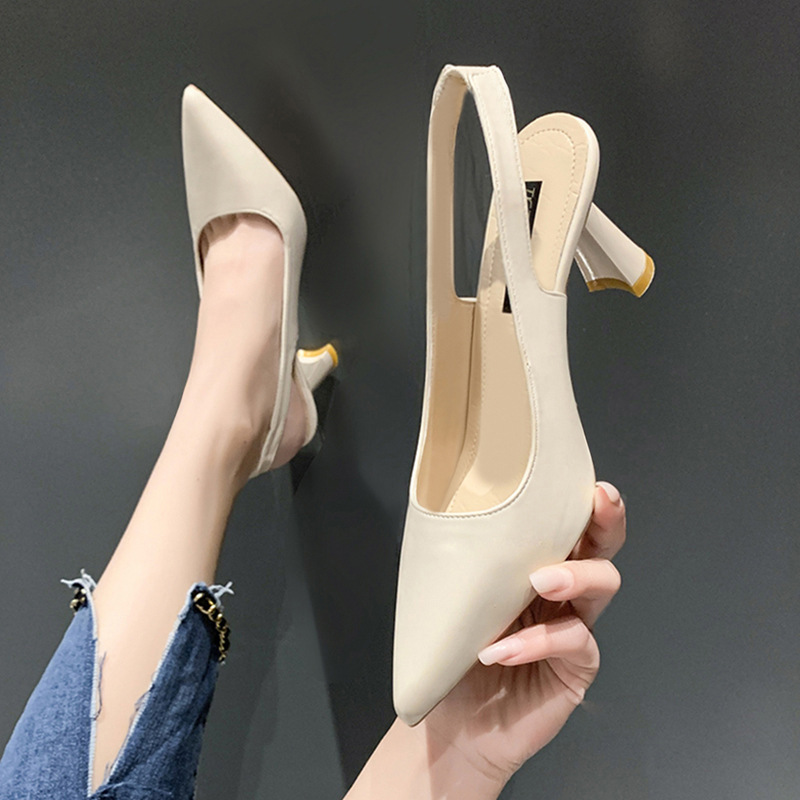 Baotou Sandals 2025 New French Retro Pointed Toe Thick Heel High Heels Back Hollow Women's Professional Work Shoes