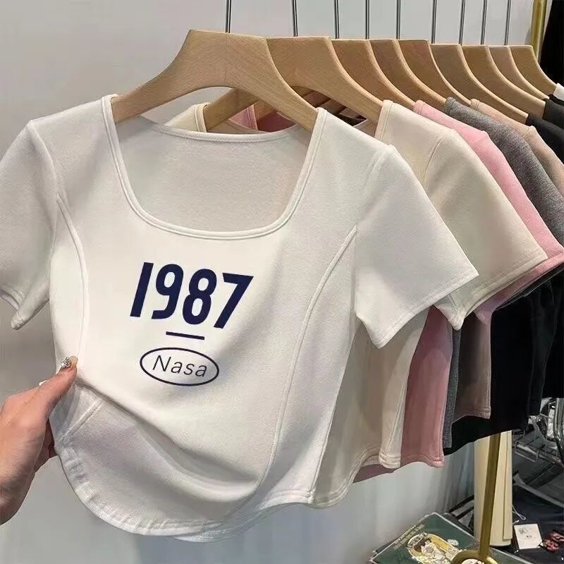 Square Neck Short-Sleeved T-Shirt for Women Ins Trendy Chic Sweet and Spicy Slim Summer Slimming Look Korean Style Design Short Style Top Square Neck Short-Sleeved T-Shirt for Women Ins Trendy Chic Sweet and Spicy Slim Summer Slimming Look Korean Style Design Short Style Top