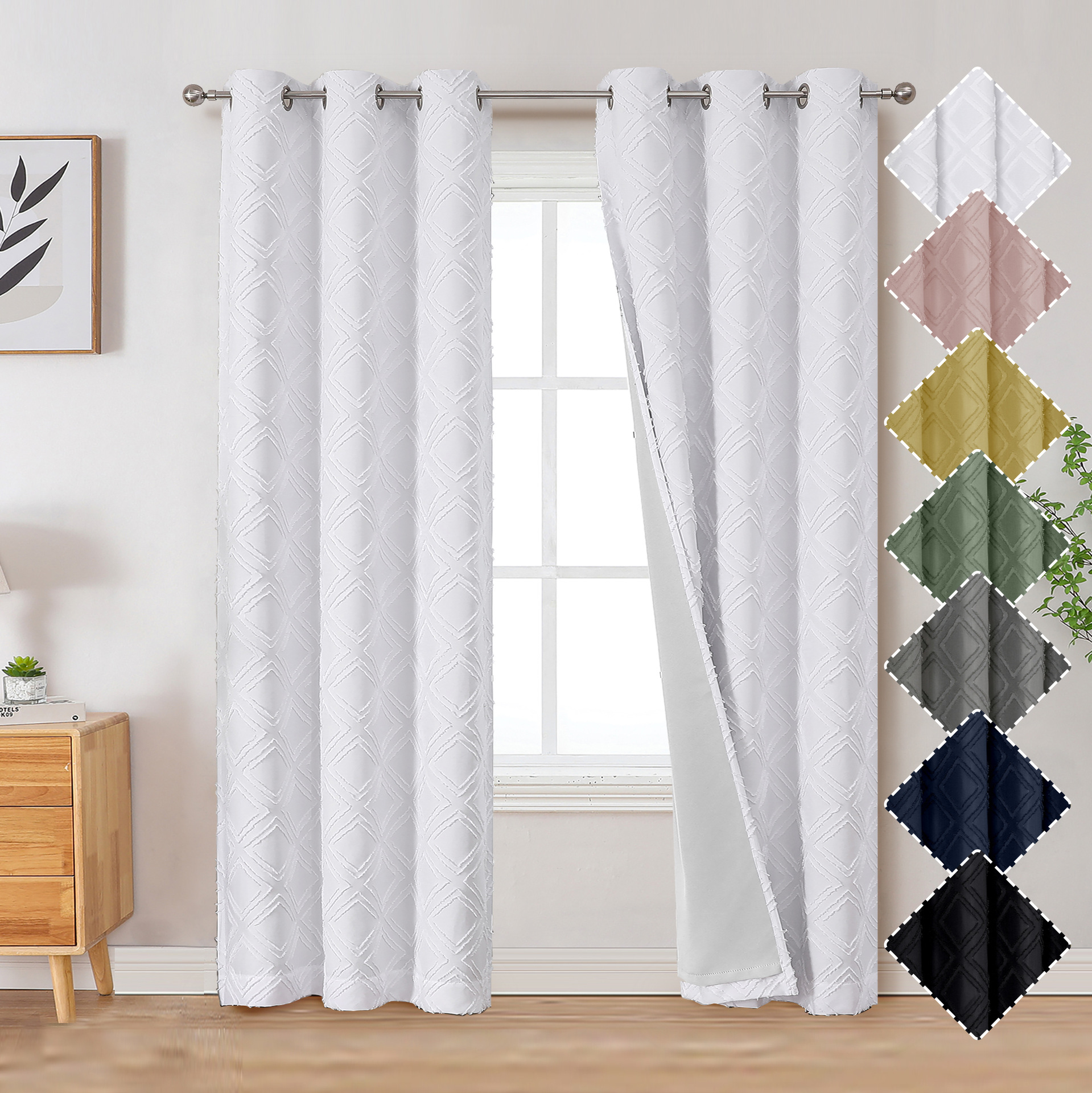 Solid Blackout Curtains With 3d Cut Flower Geometric Pattern_voghion.com