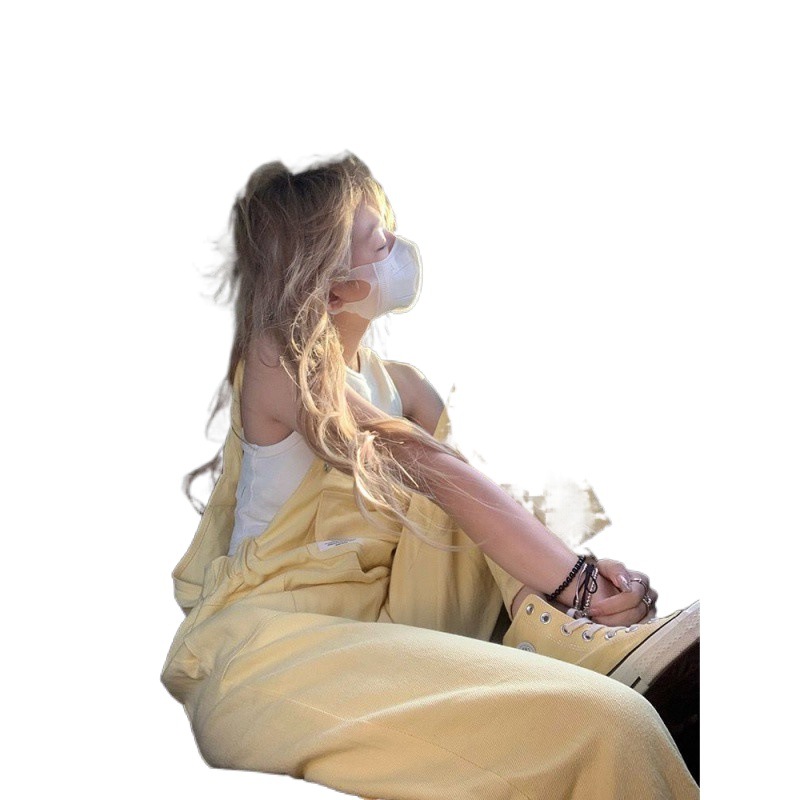 女性用イエローハイウエストデニムオーバーオール夏ストレートワークウェアワイドレッグルーズドレープジャンプスーツカジュアルパンツ
