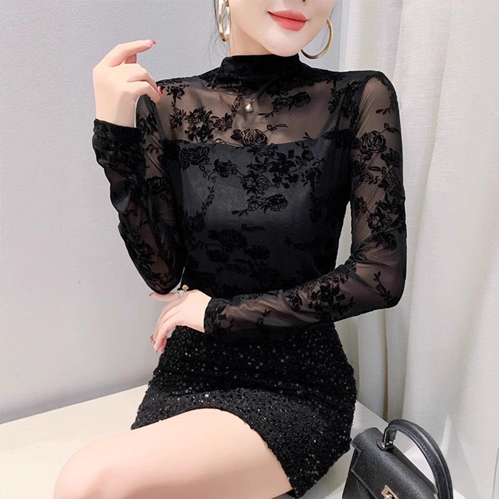 European style autumn/winter new slim fit fashion sexy mesh flocked long-sleeved base layer top women's dropshipping