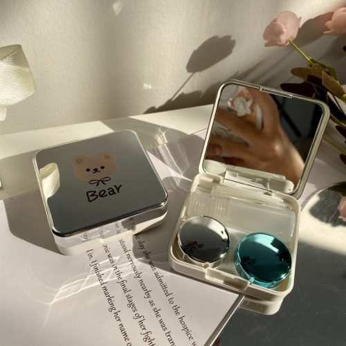 ins Korean style simple contact lens box shiny electroplated bear cute companion care contact lens box portable wholesale