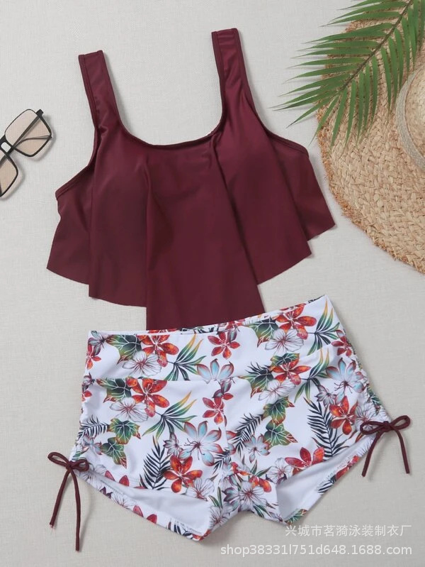 Mingyi nuevo estilo europeo y americano sexy multicolor con volantes pantalones de pierna plana bikini traje de baño de dos piezas para mujer