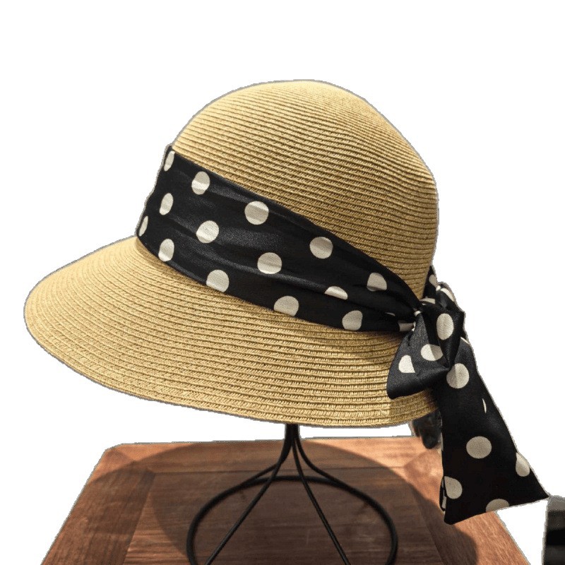 Hepburn Style Polka Dot Straw Sun Hat For Women With Bow_voghion.com