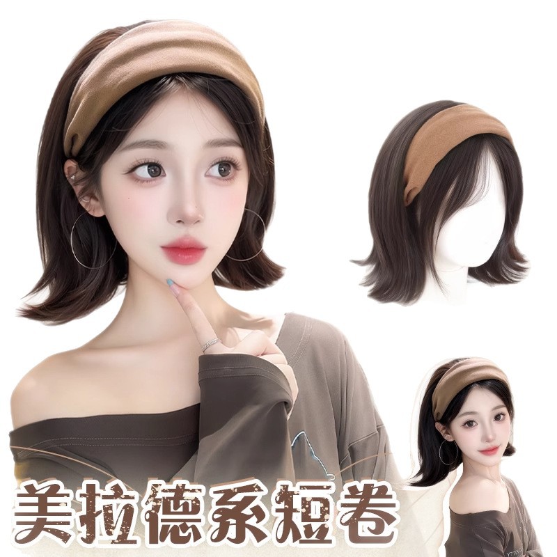 Vollkopf Perücke für Damen 2025 Neue Kurze Lockige Haare Stirnband Natürlicher Look Volumen