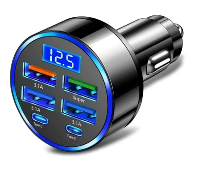 Cross-Border New Model Super Mobil şarj cihazları - teu-exclusively-supplies-c9-2type-c4usb-digital-display-car-charger-black-opp-bag