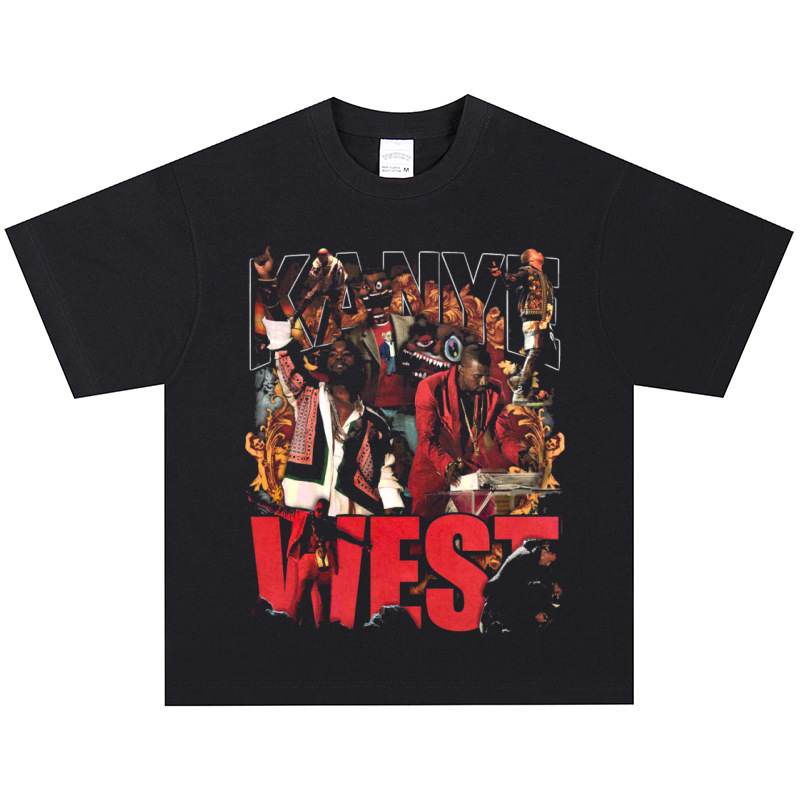 Kanye West Hip-Hop Rapper American Retro T-Shirt Heavy Street Distressed Short-Sleeved Vintage Long-Sleeved