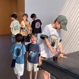 山系童装儿童印花短袖t恤男童夏季上衣2025新款中大童宝宝半袖潮