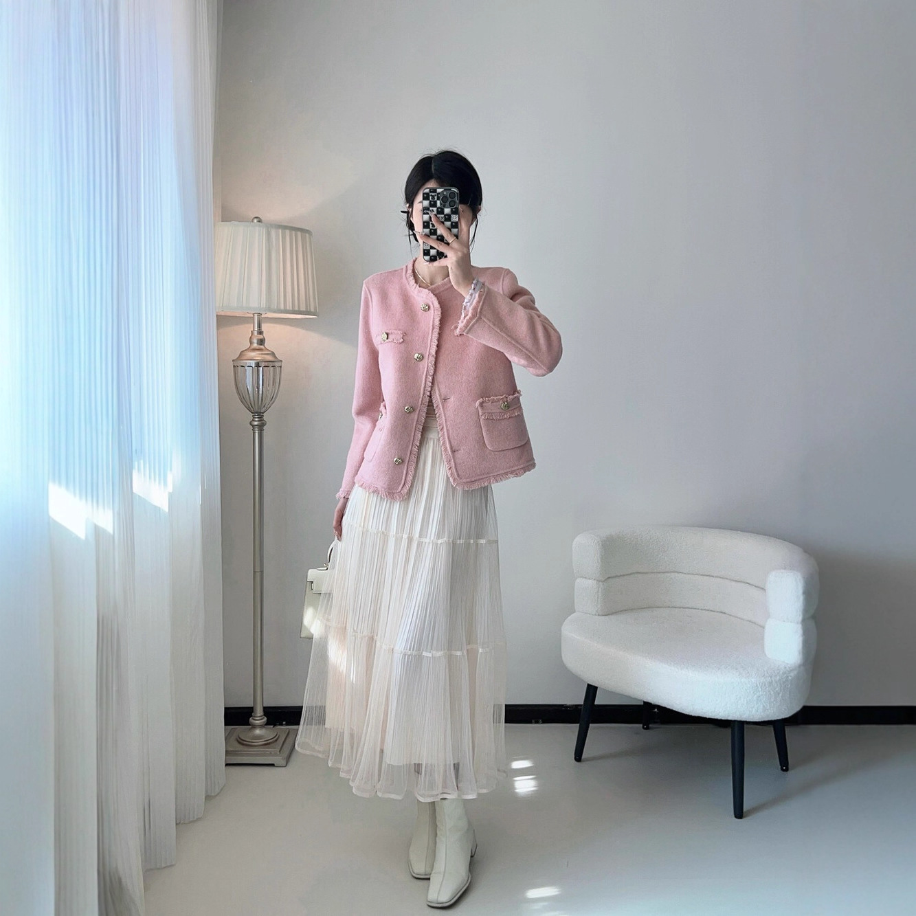 Elegant Fringed Tweed Short Wool Coat with a High-End Feel (Contains 70% Sheep Wool)